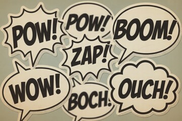 Comic book sound effects and exclamations in speech bubbles