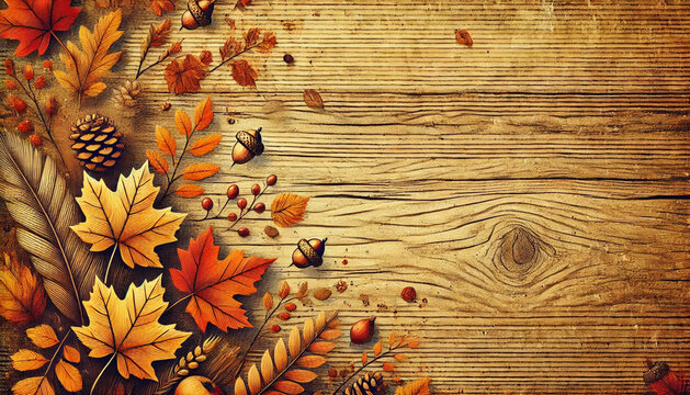 autumn leaves on wooden background