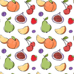 Seamless pattern with fruits and berries isolated on a white background. Summer design for fabric, wrapping paper, or packaging. Vector line illustration with watercolor stains.