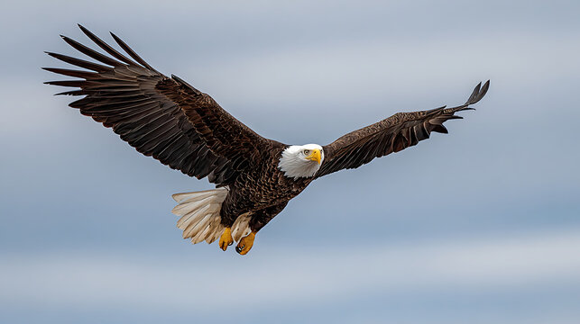 Majestic bald eagle soaring with wings spread wide against a pale sky bird of prey flying