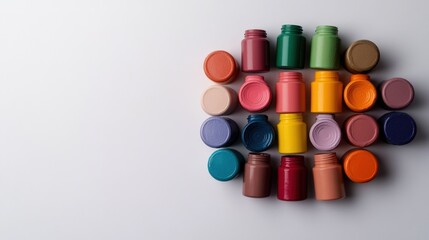 Colorful plastic bottles and lids arranged on white background studio shot