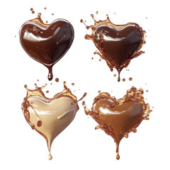 Chocolate heart shape splashes in liquid, wave motion, heart-shaped chocolate piece splashes into liquid, isolated on transparent background