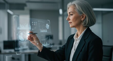 Businesswoman Analyzing Futuristic Data Interface, Modern Technology Concept