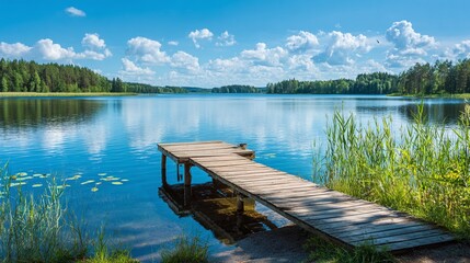 Peaceful lakeside retreat with a wooden pier extending into calm blue waters under a bright, cloud-dotted sky. A serene escape in nature's embrace.