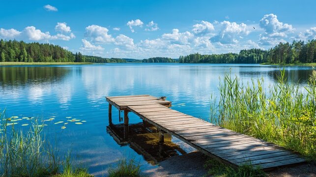 Peaceful lakeside retreat with a wooden pier extending into calm blue waters under a bright, cloud-dotted sky. A serene escape in nature's embrace.
