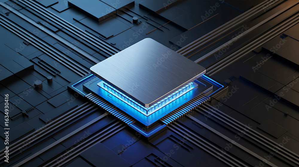 Aufkleber advanced technology concept featuring a powerful central processor unit glowing with blue light on a