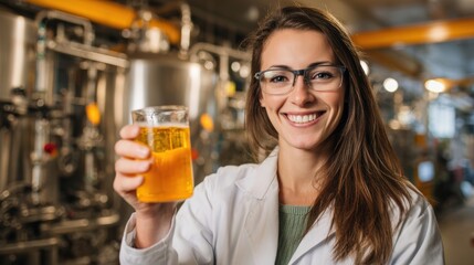 A joyful woman in a lab coat holding a glass of beer, showcasing a bright smile in a brewery setting.