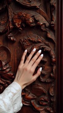 Trendy white nail art on a fashion model&rsquo;s hand gently touching an intricate wooden rococo pattern. Clean, elegant, and editorial aesthetic perfect for beauty and style visuals.