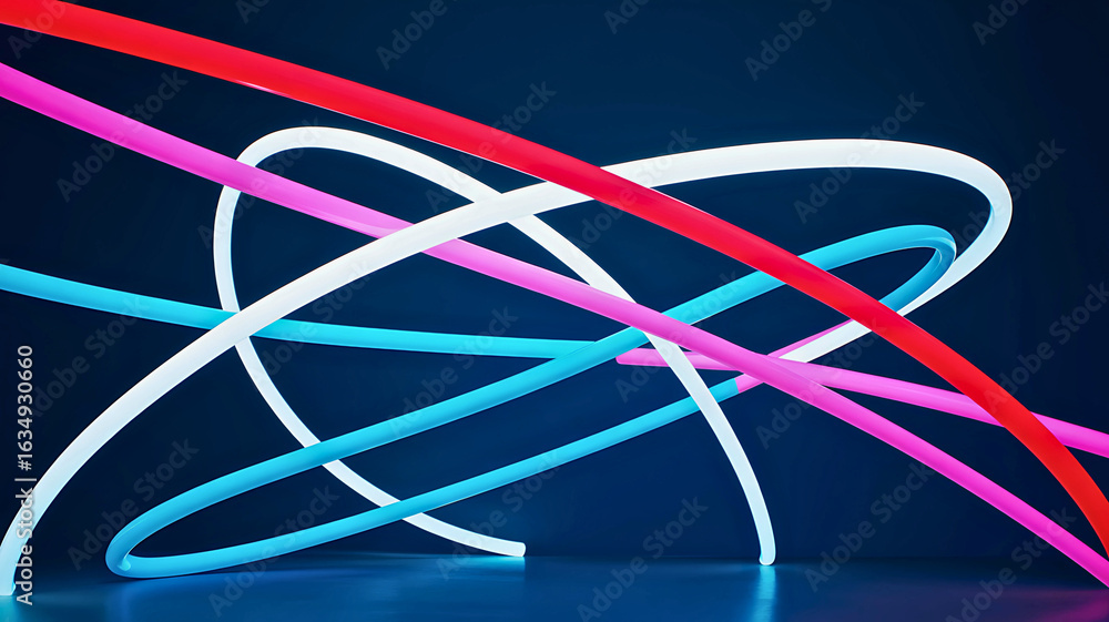 Aufkleber vibrant glowing neon tubes in flowing abstract shapes on a dark blue background creating a dynamic l