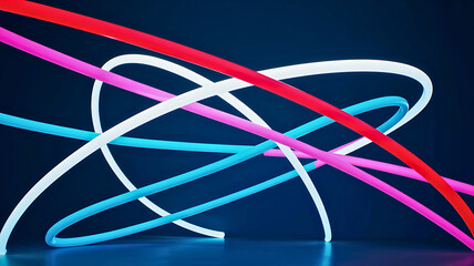Vibrant glowing neon tubes in flowing abstract shapes on a dark blue background creating a dynamic light display.