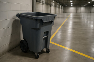 Empty grey wheeled trash bin in clean industrial warehouse corner