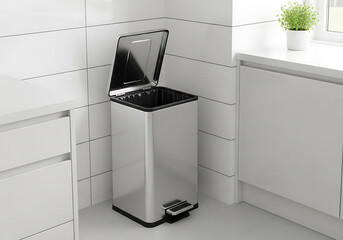 Empty stainless steel kitchen trash bin in modern bright kitchen
