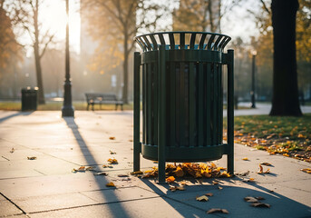 Empty Public Trash Bin in a City Park in the Morning