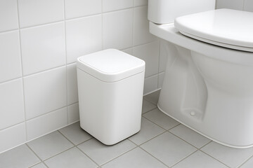 Empty white bathroom trash bin beside toilet on tiled floor