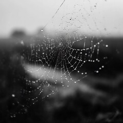Monochrome dew-kissed spiderweb glistening in the misty morning light of an open field