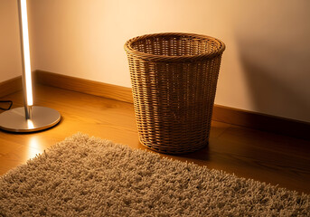 Empty Wicker Trash Bin in a Cozy Home Office Corner, empty trash bin in corner
