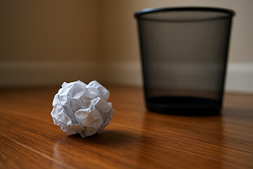 Crumpled paper ball beside empty black metal trash bin, empty trash bin in corner