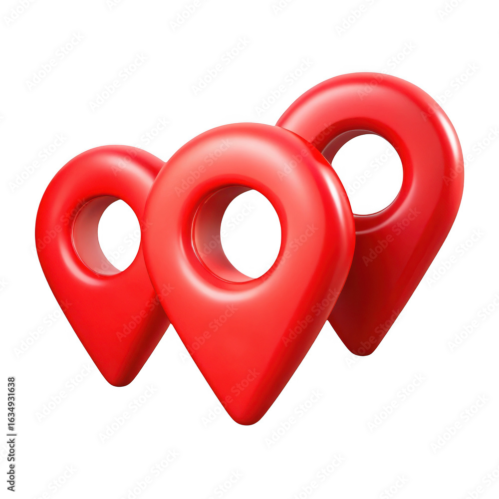 Poster Three glossy red map pin icons clustered together isolated on transparent background