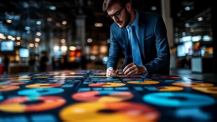 Businessman analyzes data on a large interactive touchscreen table - Powered by Adobe