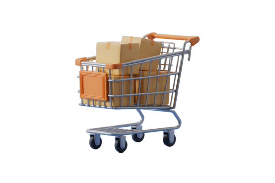 Shopping cart filled with cardboard boxes isolated on transparent background
