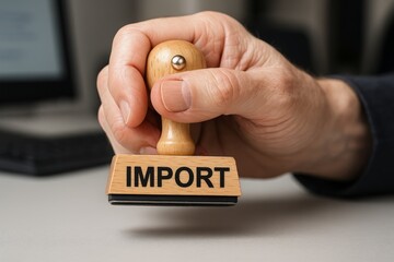 Close-up of a hand holding a wooden stamp with the word IMPORT in bold black letters, symbolizing customs clearance or international trade approval