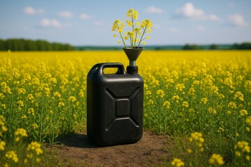 Black plastic fuel canister with funnel filled with blooming yellow rapeseed flowers in the middle of a vibrant canola field, symbolizing biofuel production, sustainability, and renewable energy