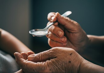 Wrinkled hands of an elderly person holding a spoon with liquid medicine. Close-up of a moment of care symbolizing care for the elderly