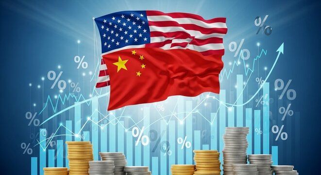 USA and China trade balance and economic growth represented with flags and rising graph lines