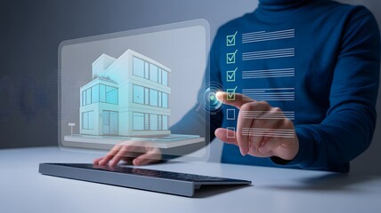 Person using a virtual interface to check off items on a list with a house displayed on screen