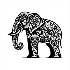 Ornate Elephant Illustration with Intricate Cultural Patterns.