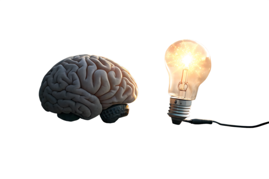 Innovative ideas emerge as a lightbulb shines from a human brain, symbolizing creativity and enlightenment in a AI generated by PNG