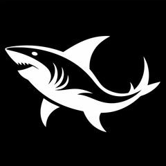 Fototapeta premium Shark silhouette icon. White logo shark isolated on black background. Vector illustration side view