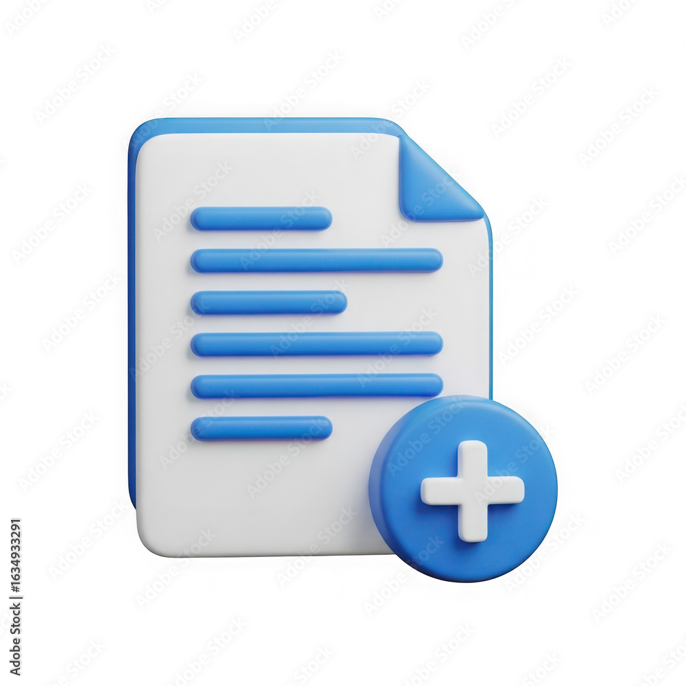 Aufkleber 3d rendered document icon with a blue plus sign button isolated on transparent background