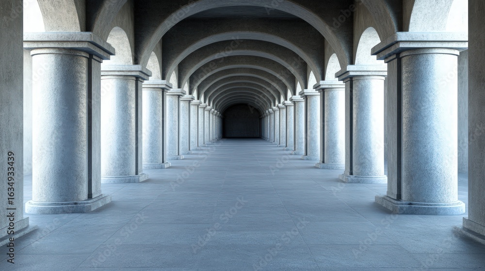 Aufkleber endless architectural hallway with columns and arches in perspective stone structure