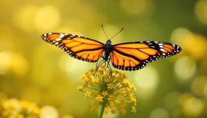 Naklejka premium Brightly colored butterfly lands gently on a cluster of delicate yellow flowers, its wings beautifully displayed in the warm sunlight