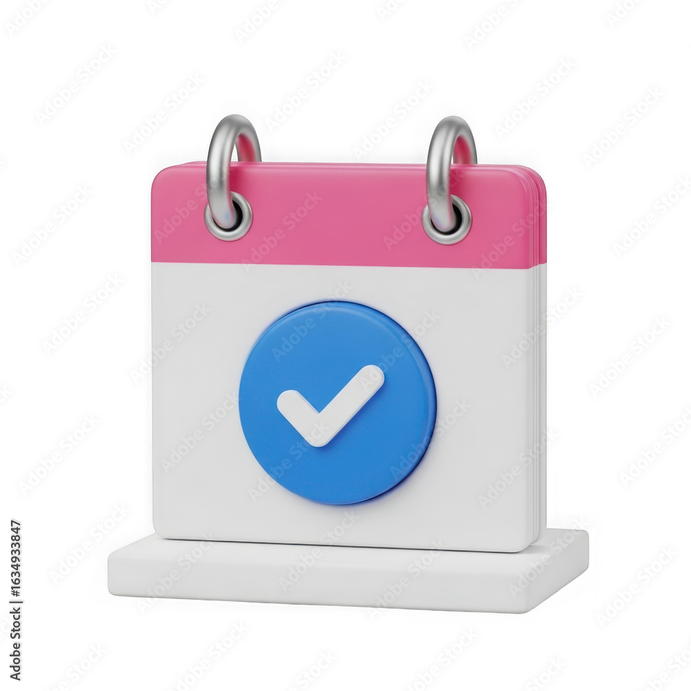 Poster 3d rendered calendar icon with a blue checkmark symbol isolated on transparent background