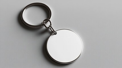 Silver metal keychain with white round pendant on grey background