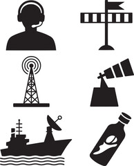 Communication and Navigation Silhouettes Telecommunications, Direction, and Maritime on Transparent