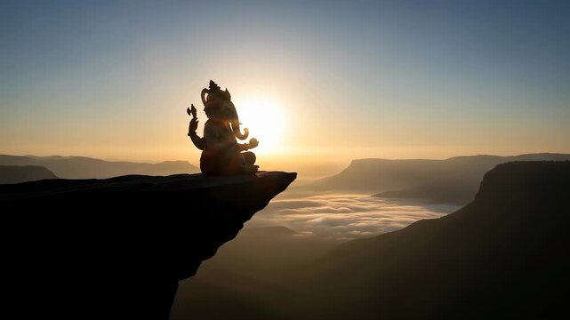 Silhouette of lord ganesha statue against a sunrise backdrop, symbolizing the triumph of good over evil and the dispelling of darkness with divine light