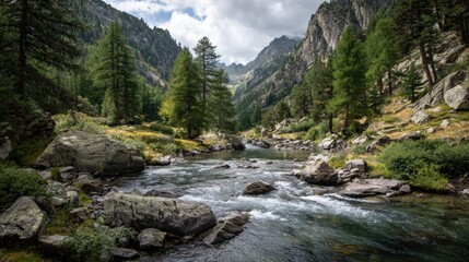 Obraz premium A serene mountain stream flows through a lush green valley, surrounded by majestic peaks and vibrant trees.