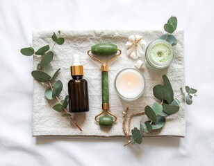 Luxury Self-Care Flat Lay with Jade Roller, Serum, and Candle

