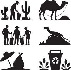 Desert Conservation Effort Silhouette Collection Cleaning Up Litter with Camel and Lizard Icons