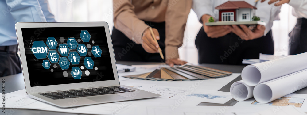Poster group of interior architect designer discussing together on blueprint and laptop screen display arch