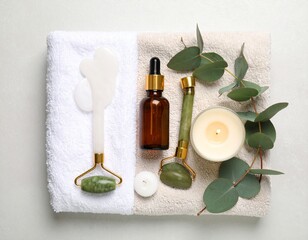 Luxury Self-Care Flat Lay with Jade Roller, Serum, and Candle