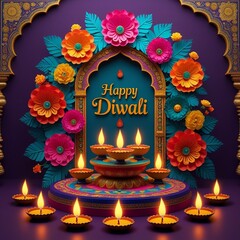 Traditional Indian Diwali Diyas and Colorful Floral Decor, Festive Festival of Lights Greeting, Holiday Illustration, AI-Generated