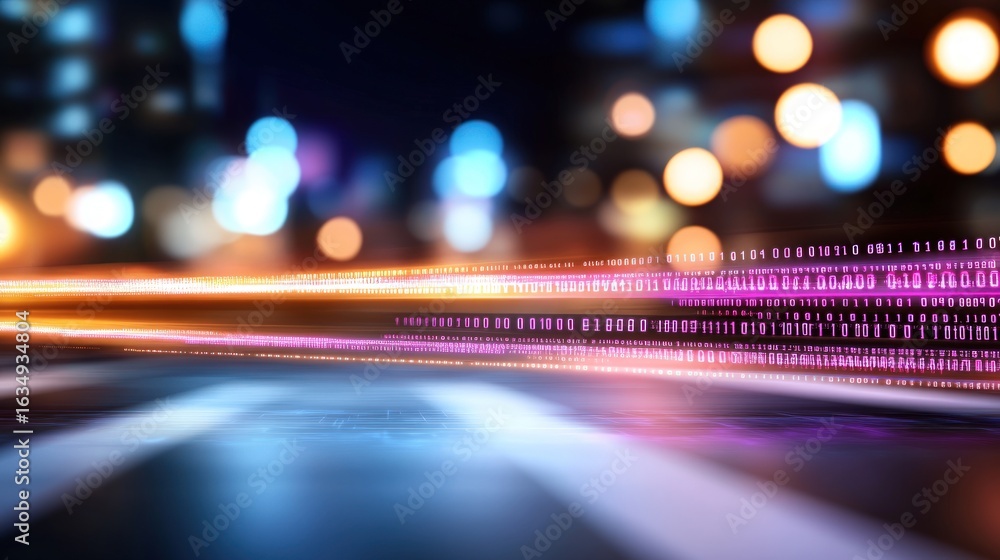Poster abstract data streams and city lights digital communication network