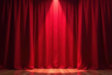 Fototapeta premium Deep red curtain backdrop, spotlight center stage, texture, red, spotlight