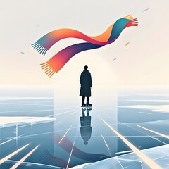 Silhouette of a person on ice skates gazing at a colorful scarf floating above on a minimalistic background
