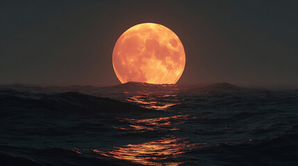 Fiery celestial orb illuminating turbulent ocean waves at dusk moon water