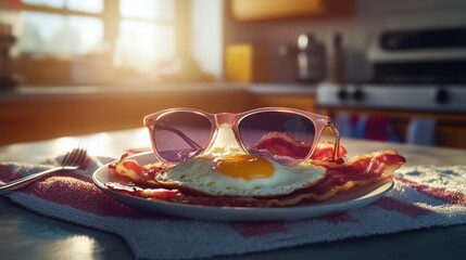 Breakfast plate with sunny side up egg and bacon on kitchen counter during morning sunlight